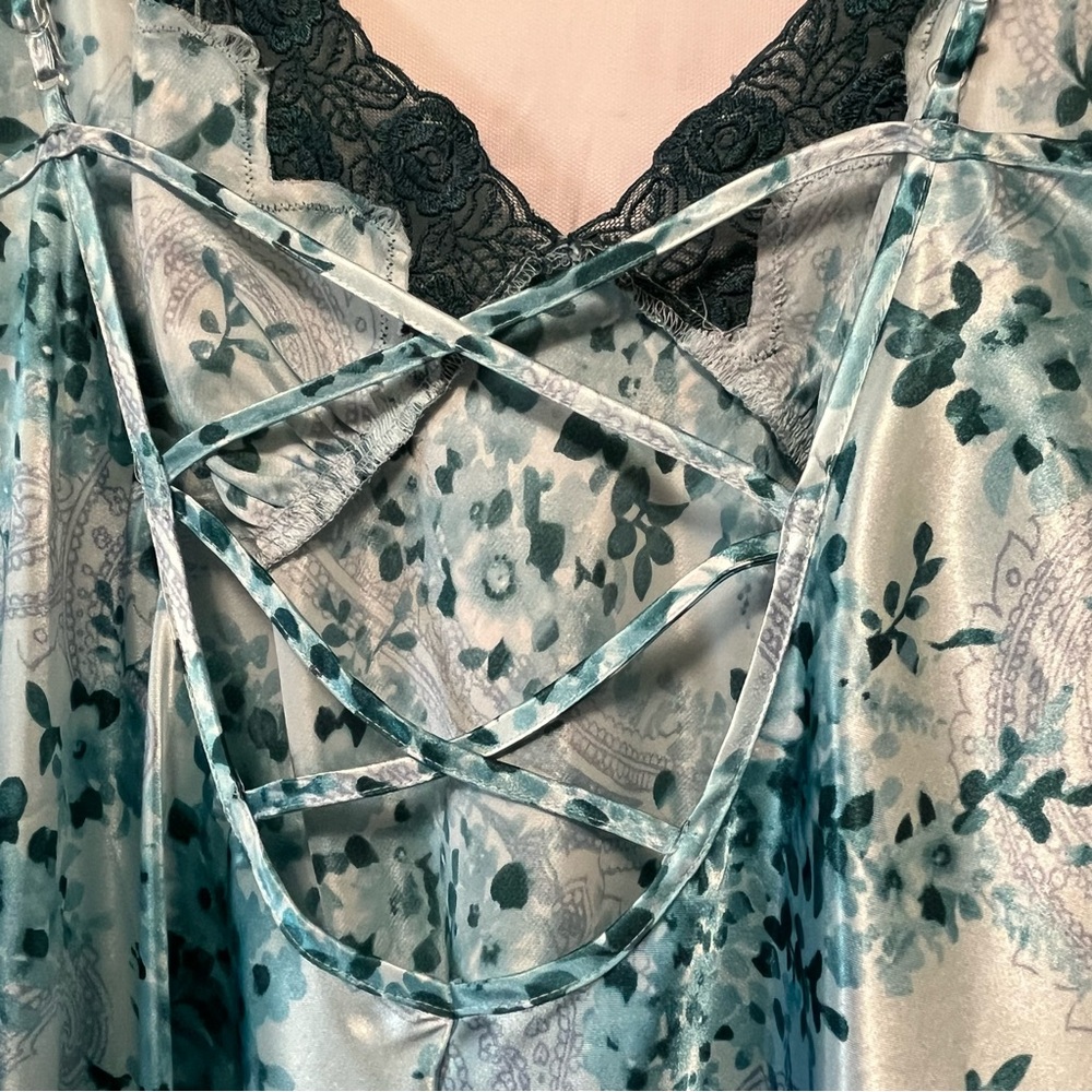 SECRET TREASURES Floral Slip Dress Lace Satin Chemise Antique Teal‎ Blue Size L - Picture 10 of 16